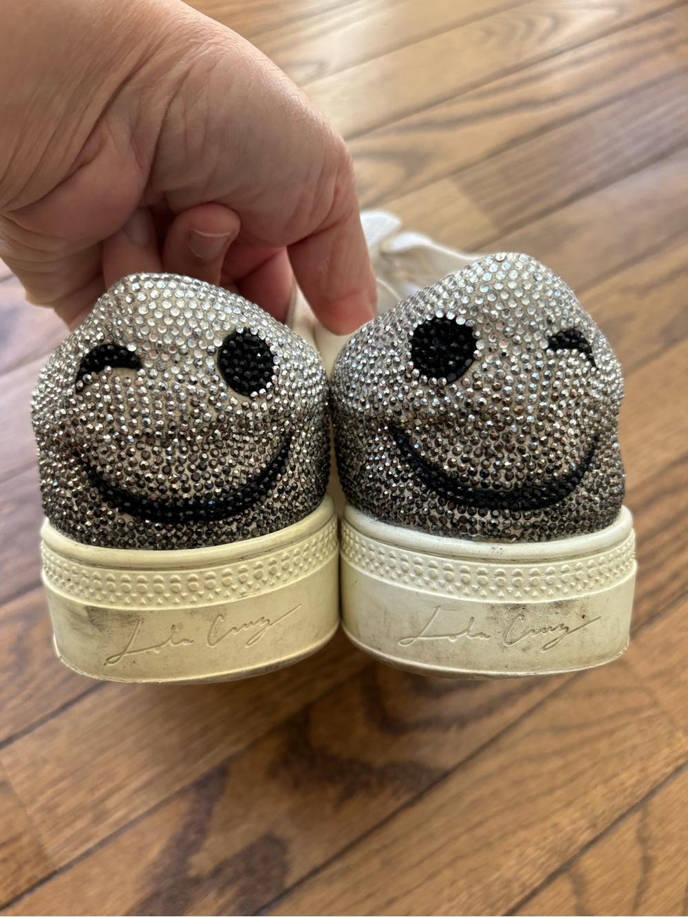 Lola Cruz Smiley Tennis Sneakers - Silver Crystal Accent